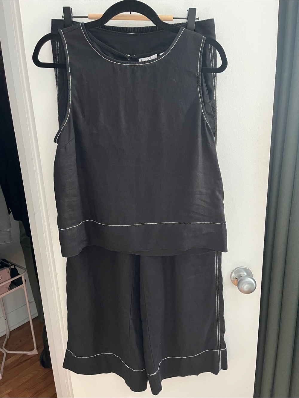 100% black linen set (top AND pants) with white stitching